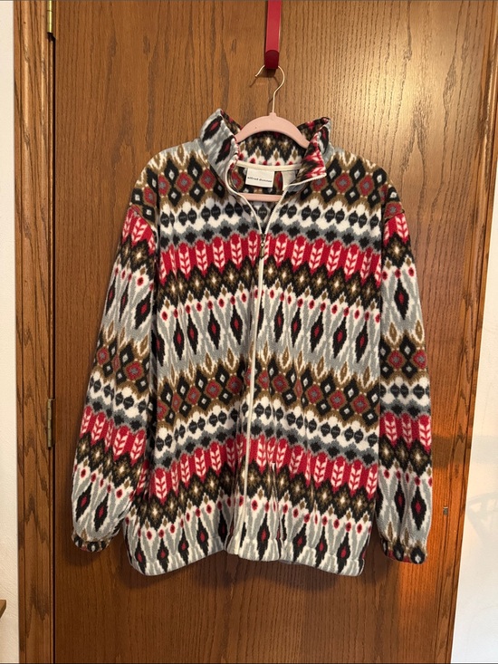 Alfred Dunner Jackets & Blazers - Alfred Dunner Brown, Red & White Geometric Fleece Zip Jacket